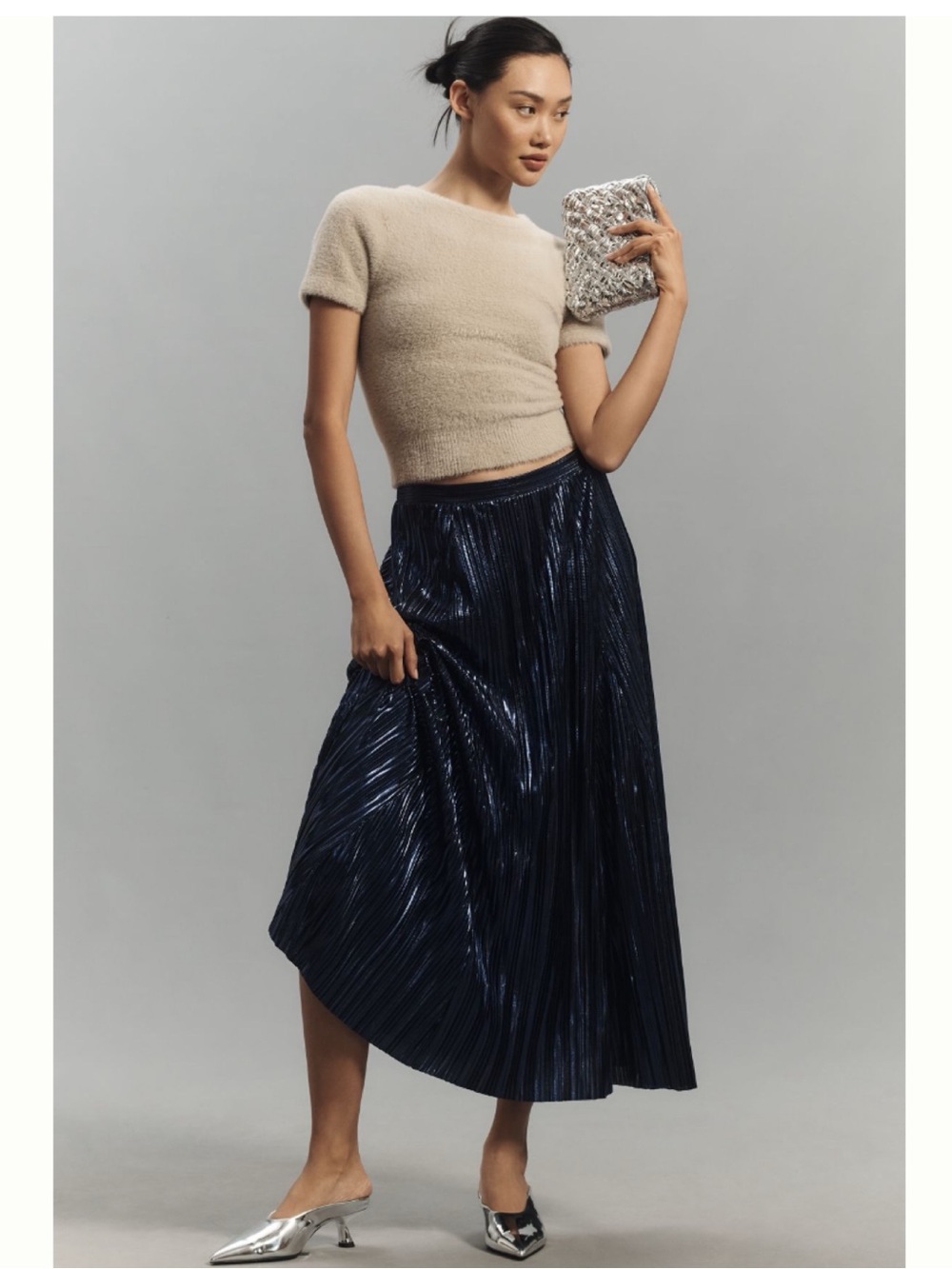 NWT Anthropologie Metallic Black Lightweight Flowy Pleated Midi Skirt,XL - Picture 10 of 13